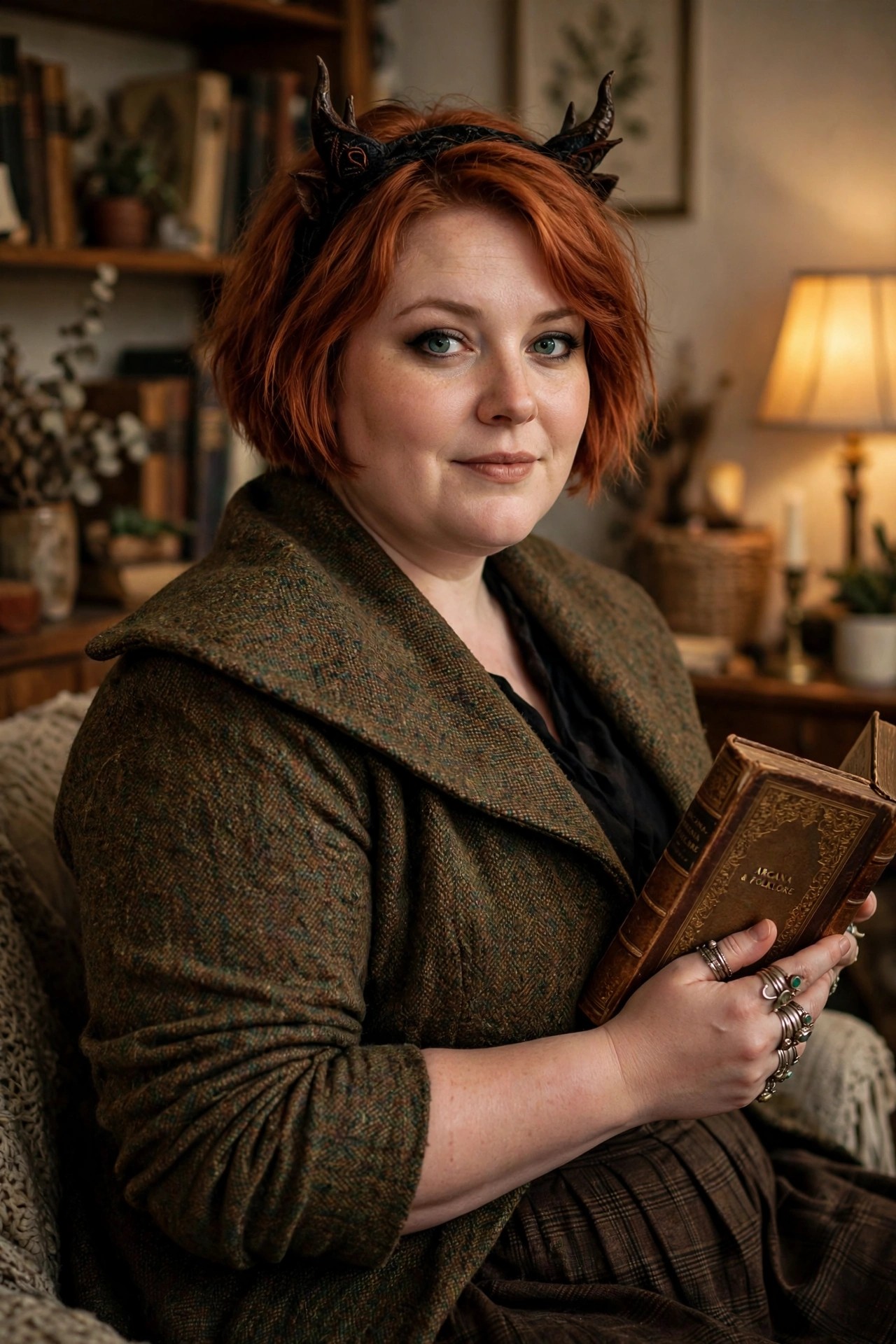 Plus size woman with short red hair wearing a dark horned headpiece and holding an open book titled Arcana and Folklore while dressed in a green tweed coat.