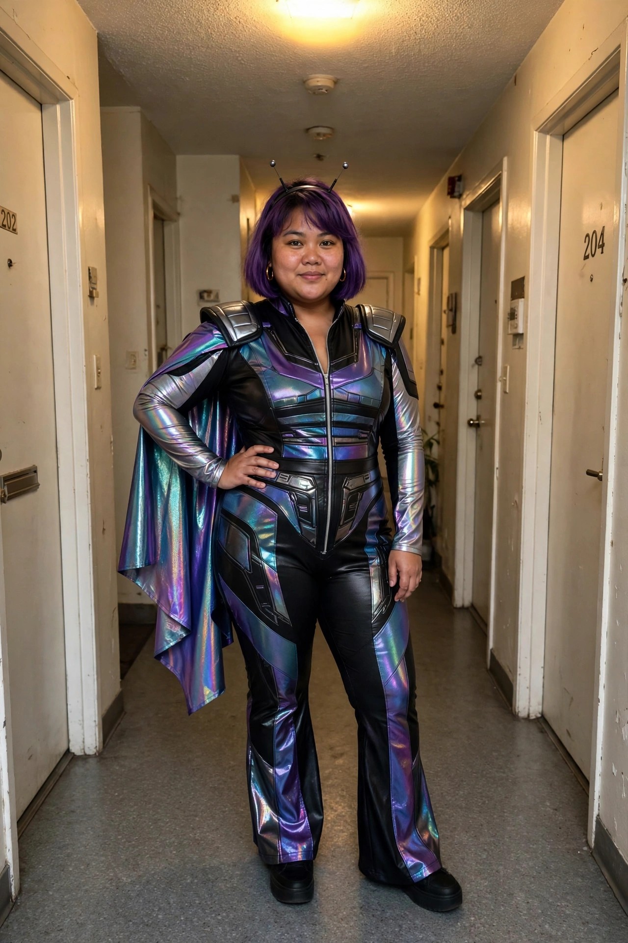 Woman wearing a full body iridescent purple and teal metallic costume with black panels, shoulder armor, cape, and antennae headband.