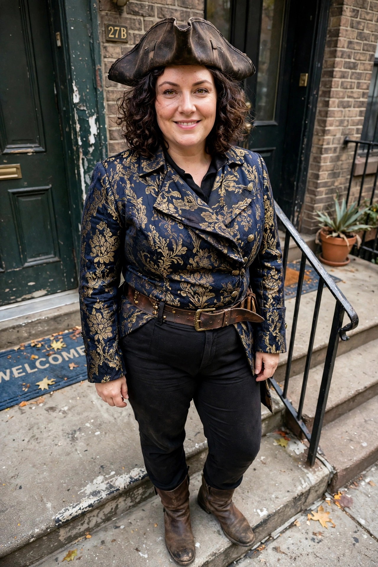 Woman wearing a dark blue pirate jacket with gold floral pattern, matching tricorn hat, brown leather belt with pouch, black pants and boots.
