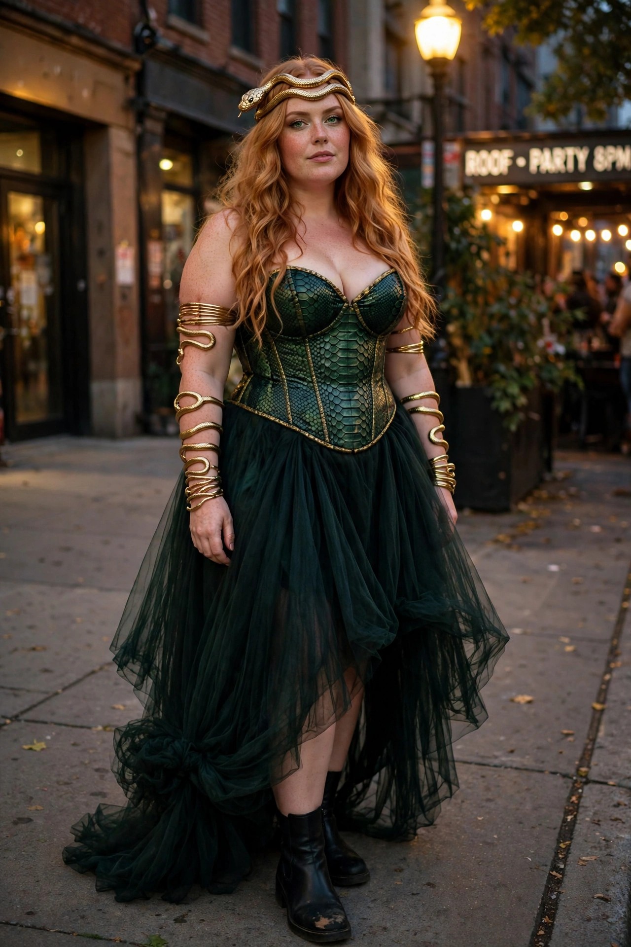 Plus size woman wearing a green snake scale corset with gold trim, matching gold snake armbands, a gold snake headpiece, and a dark green tulle skirt.