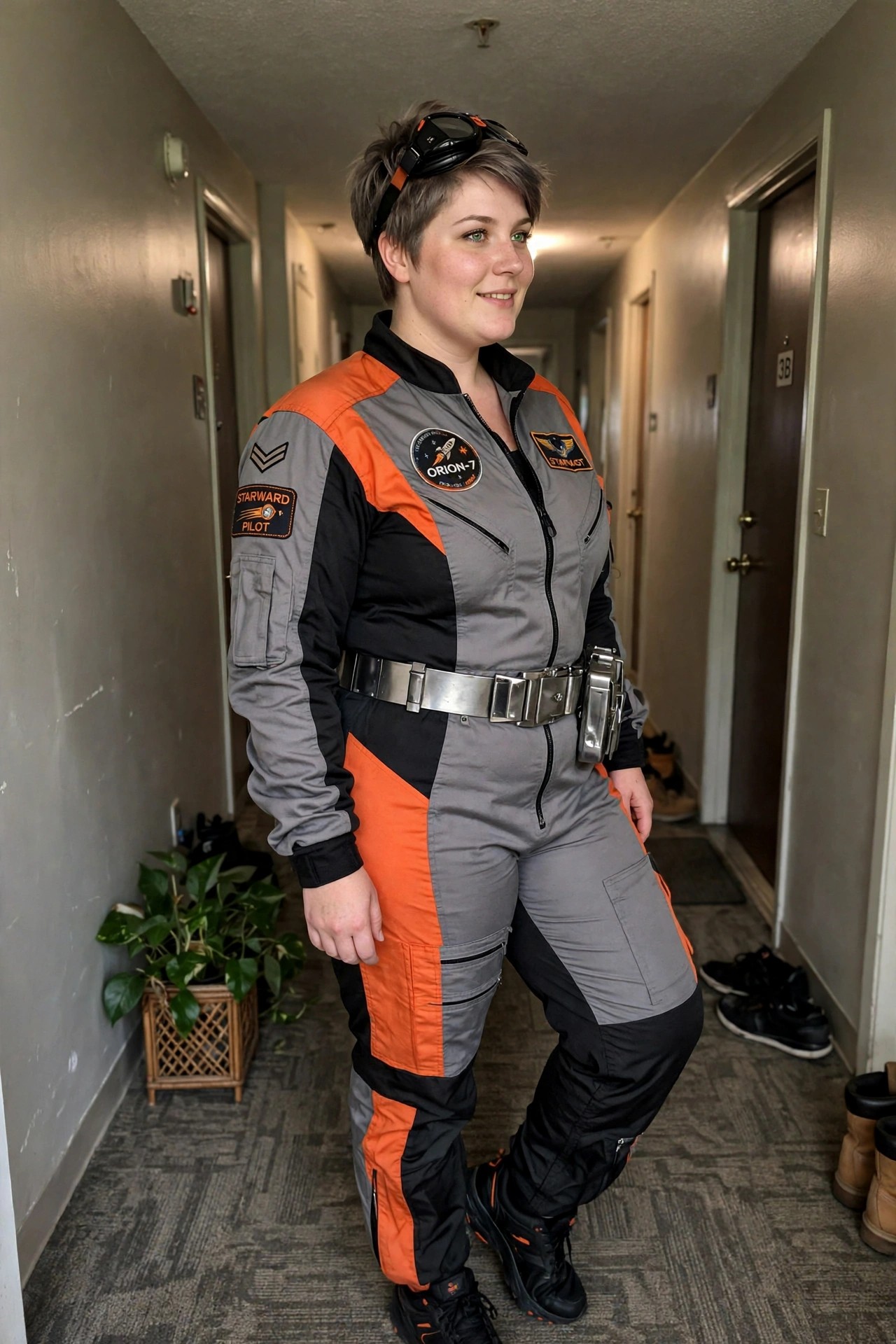 Woman wearing a gray orange and black space pilot jumpsuit with patches utility belt and boots in a hallway.