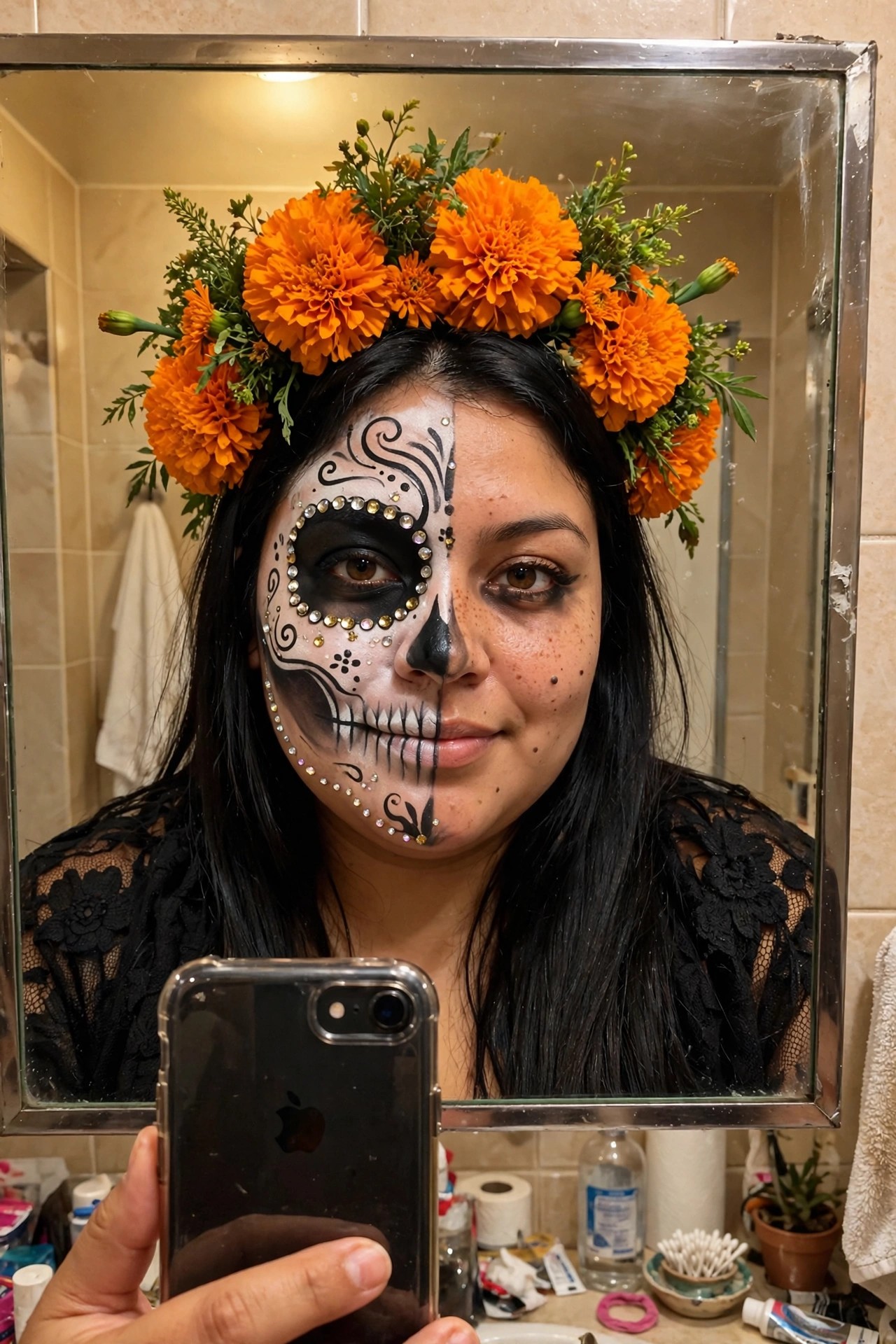 Plus size woman wearing sugar skull face paint with rhinestones and a large crown of orange marigolds, shown in a bathroom mirror selfie.