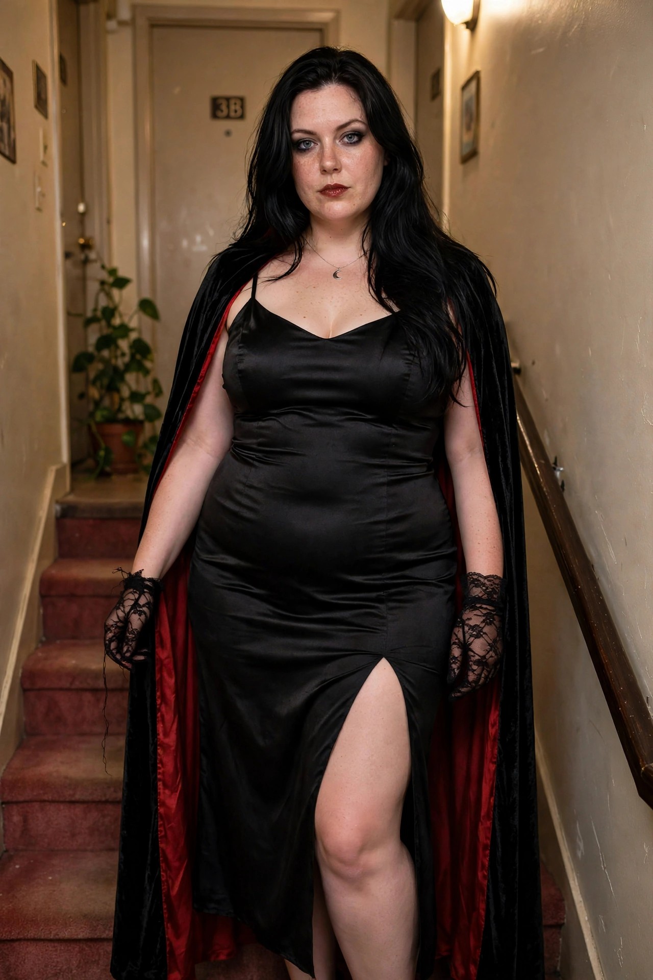 Plus size woman wearing a black satin slip dress with a high slit, layered under a long black velvet cape with red lining, paired with black lace gloves and a crescent moon necklace.