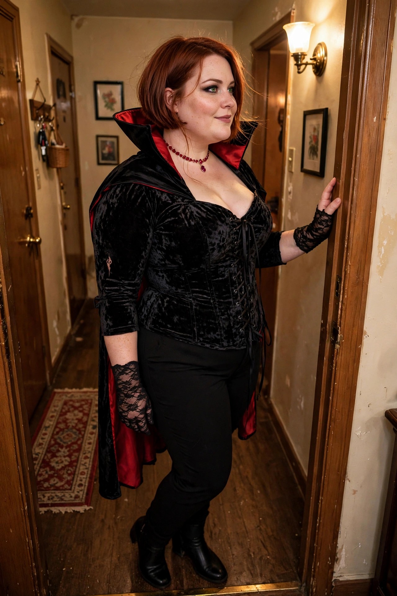 Plus size woman wearing a black velvet vampire corset with red lined cape, black pants, black boots, and lace gloves while standing in a hallway.