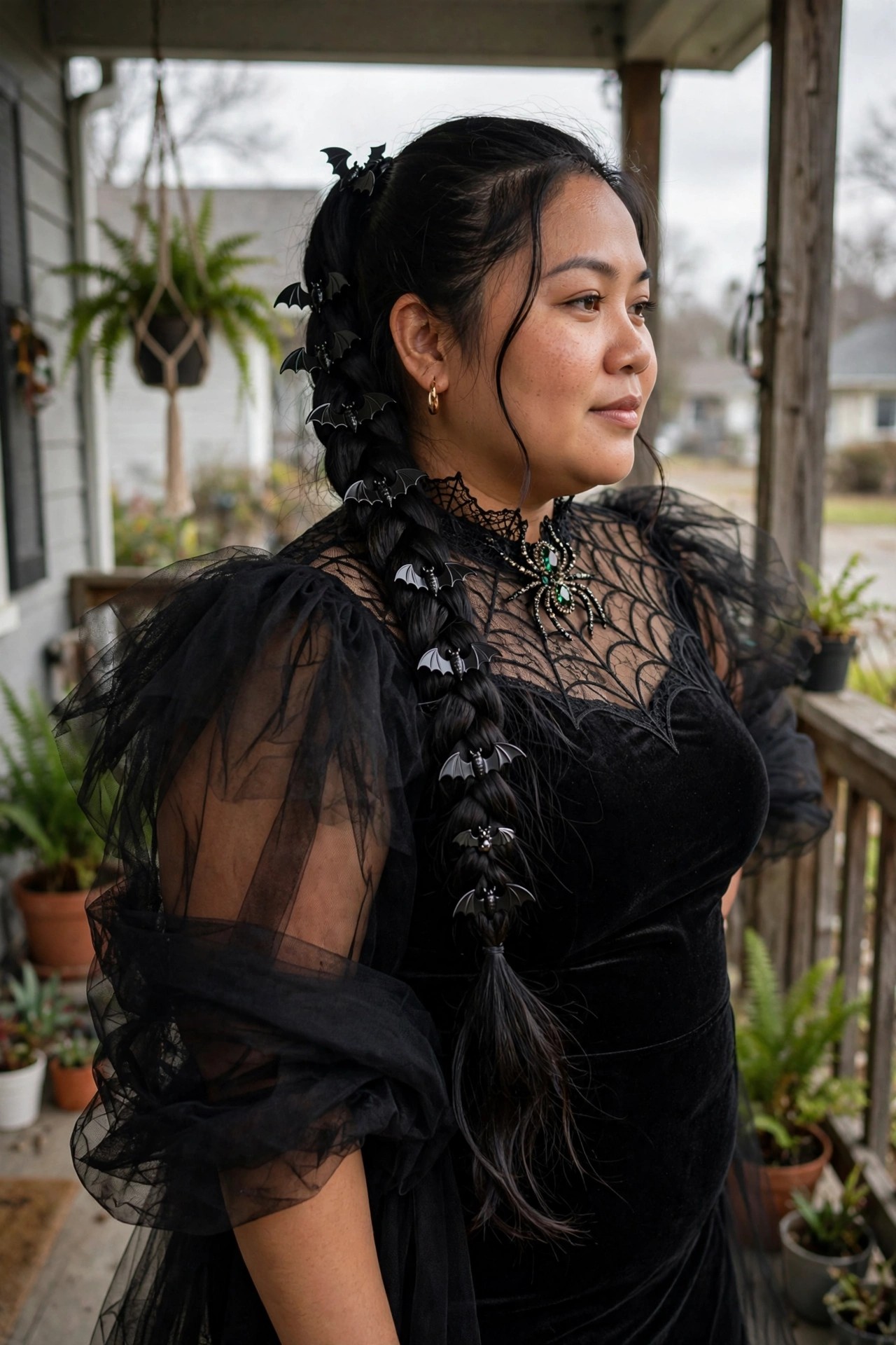 Woman wearing a black velvet dress with sheer spiderweb sleeves, a spider pendant necklace, and a long braid decorated with black bat clips.