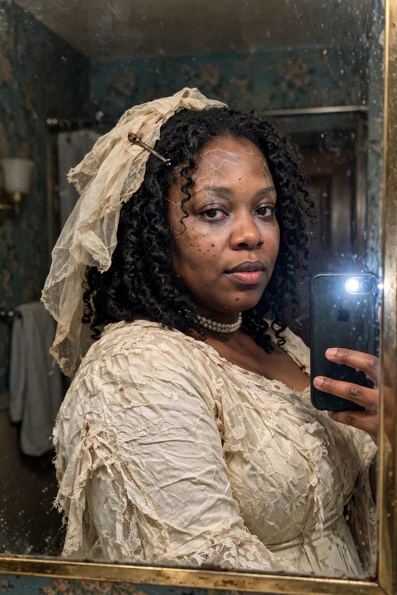Woman in a torn off white lace Victorian style dress and veil with cracked porcelain style makeup taking a mirror selfie.