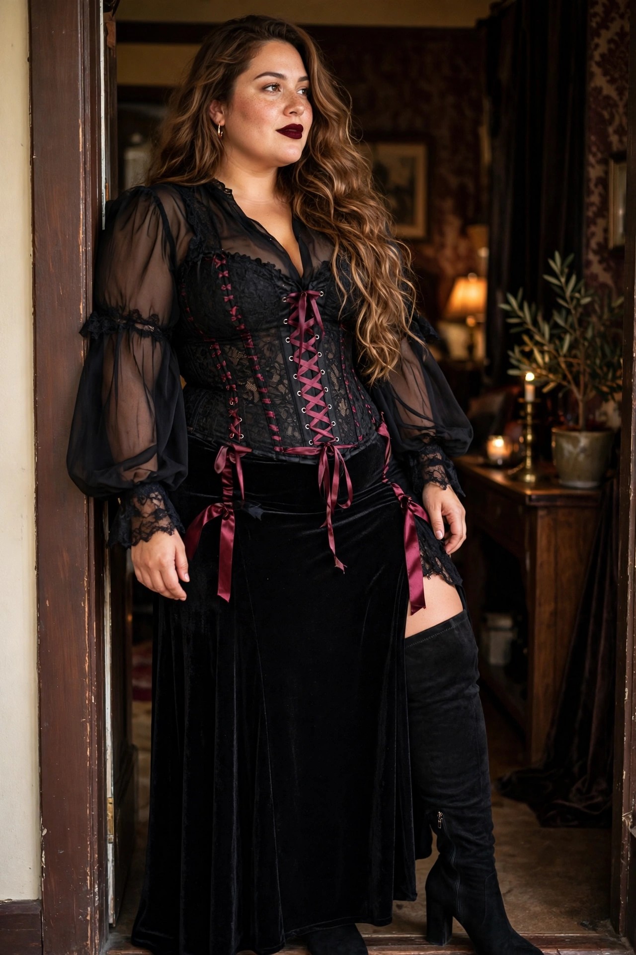 Plus size woman wearing a black lace up corset over a sheer black blouse with lace sleeves, paired with a long black velvet skirt that has side slits and maroon ribbon ties, plus tall black boots.