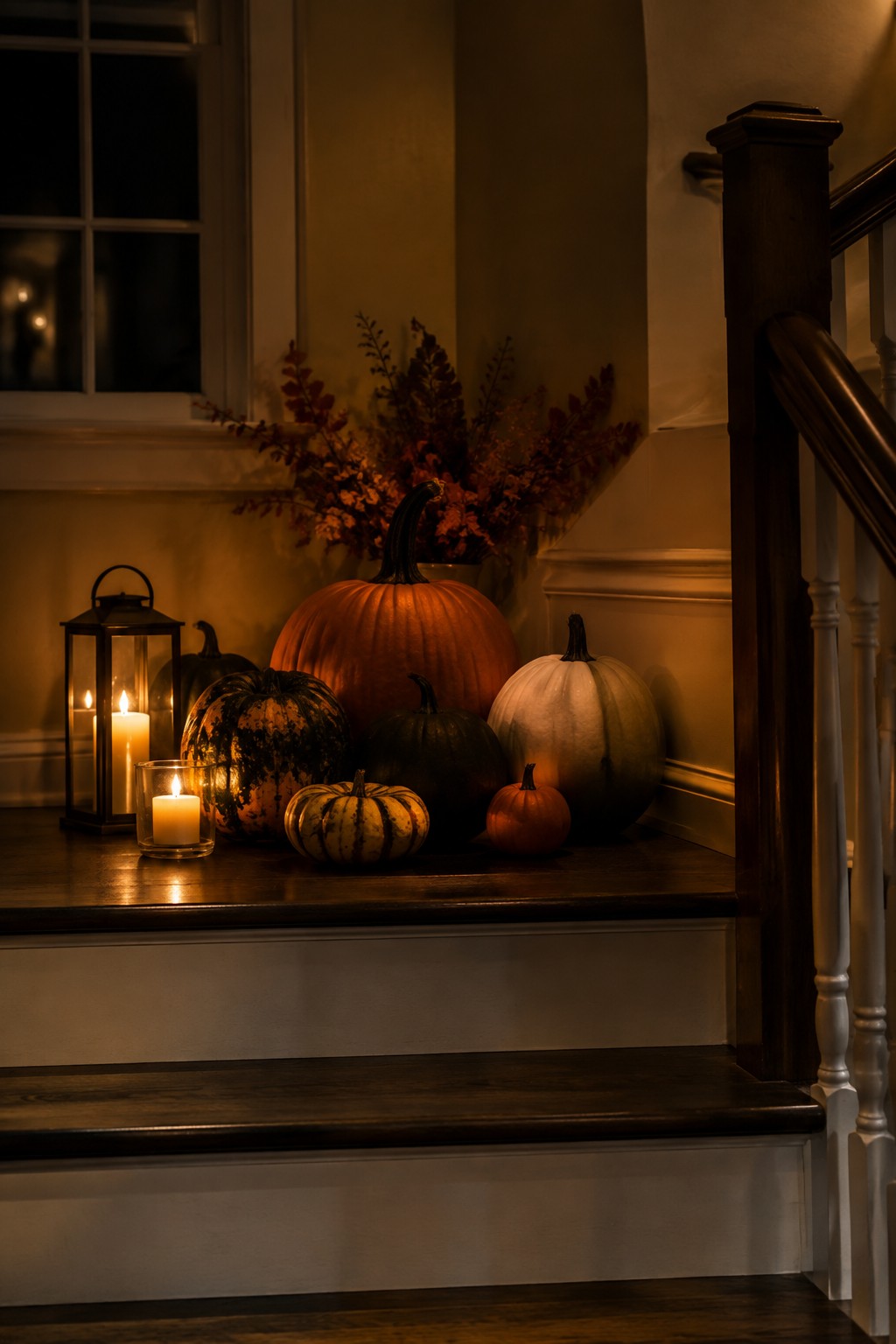 Staircase with assorted pumpkins in orange, green, white, and striped varieties arranged on the steps beside lit candles and a vase of autumn leaves.