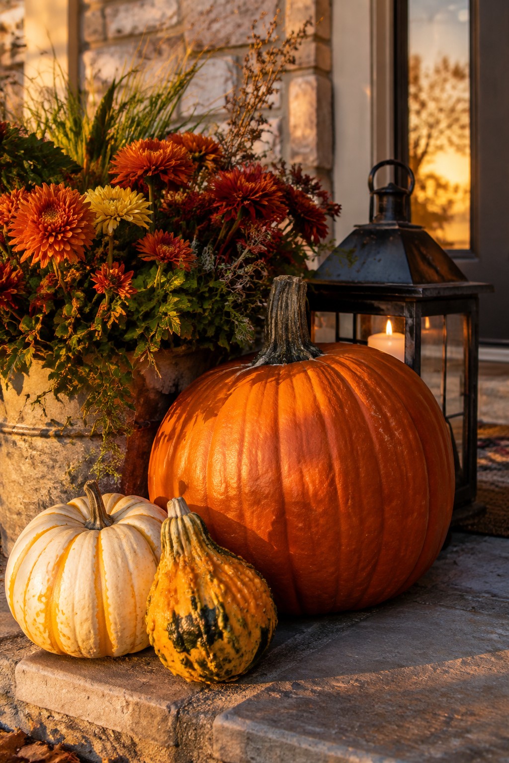 Stone steps at a front entry holding a large orange pumpkin, a white pumpkin, a small gourd, and a lit black lantern beside a pot of orange and red flowers.