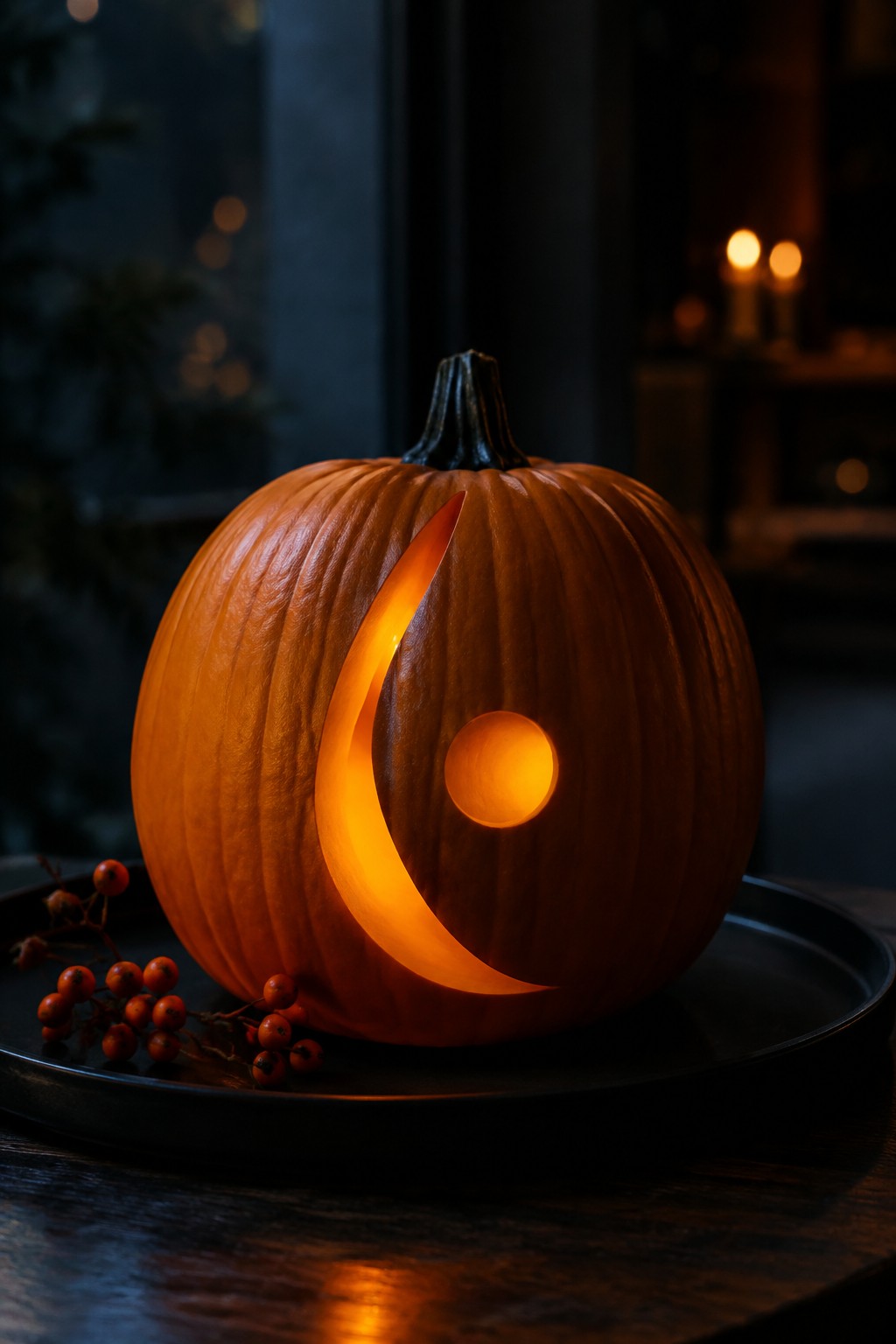 A pumpkin carved with a glowing crescent moon and small circle sits on a black tray with red berries.