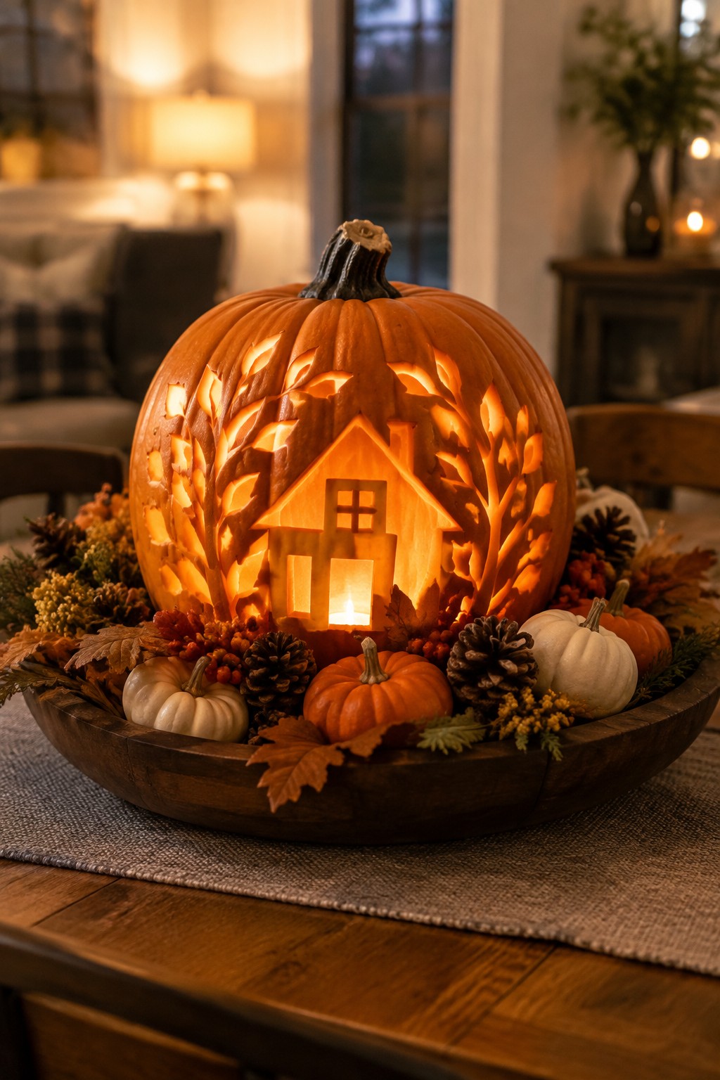 Carved glowing pumpkin with house design in bowl of autumn pumpkins and pinecones