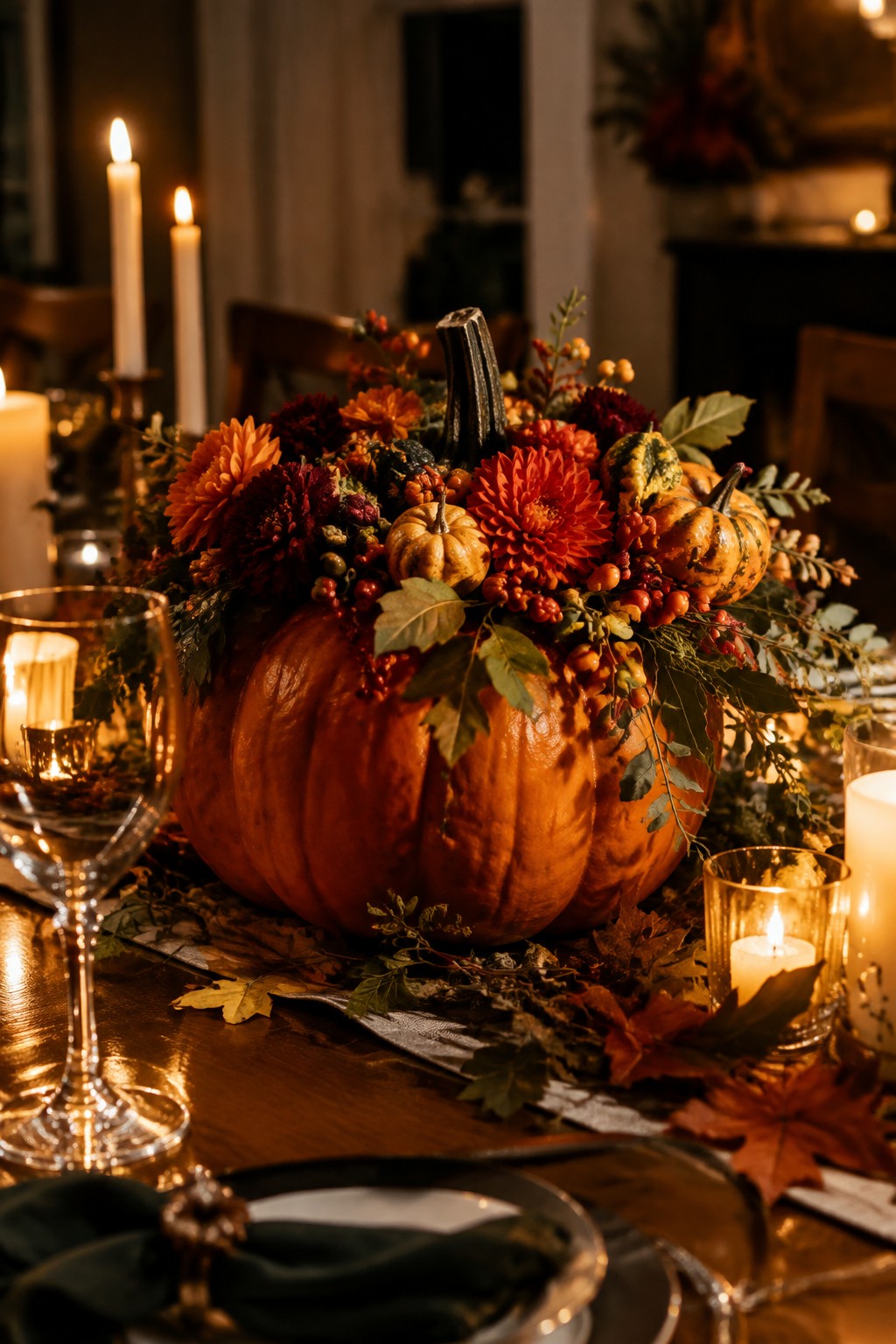 Pumpkin centerpiece with orange flowers, berries, and small gourds amid glowing candles