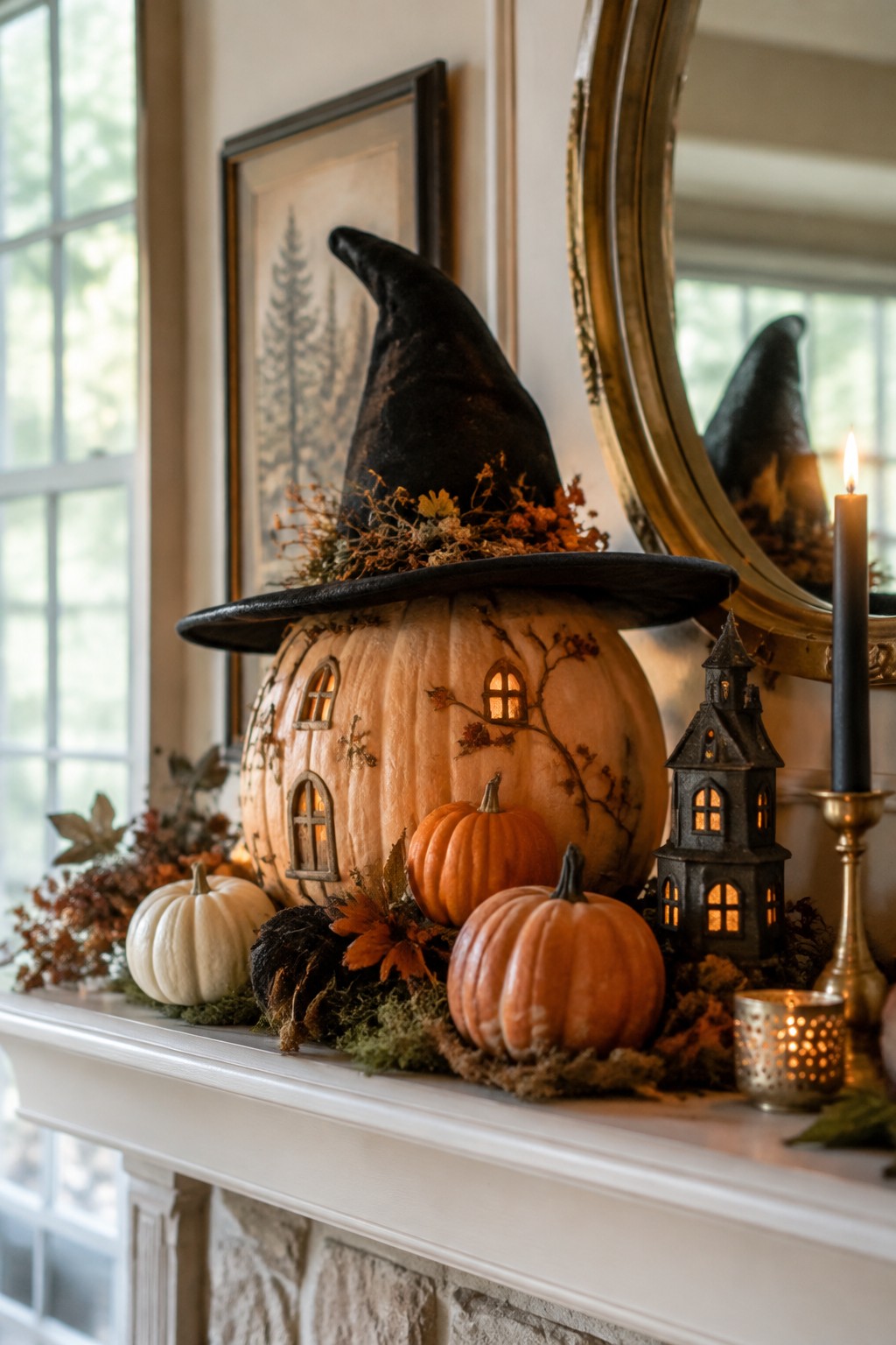 Mantel display featuring a large pumpkin carved with glowing windows and topped with a black witch hat, surrounded by smaller pumpkins and a miniature tower.