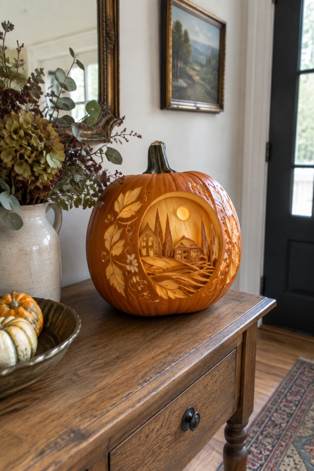Carved pumpkin with a detailed village scene and glowing moon displayed on a wooden console table in an entryway.