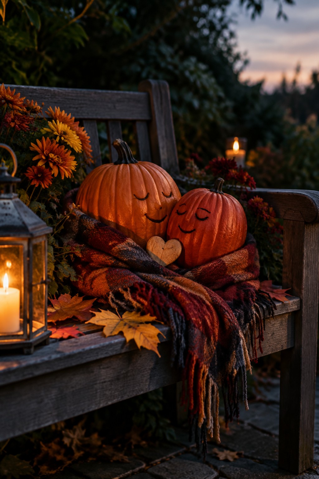 Two smiling pumpkins cuddled under a plaid blanket on a wooden bench with autumn leaves and candles.