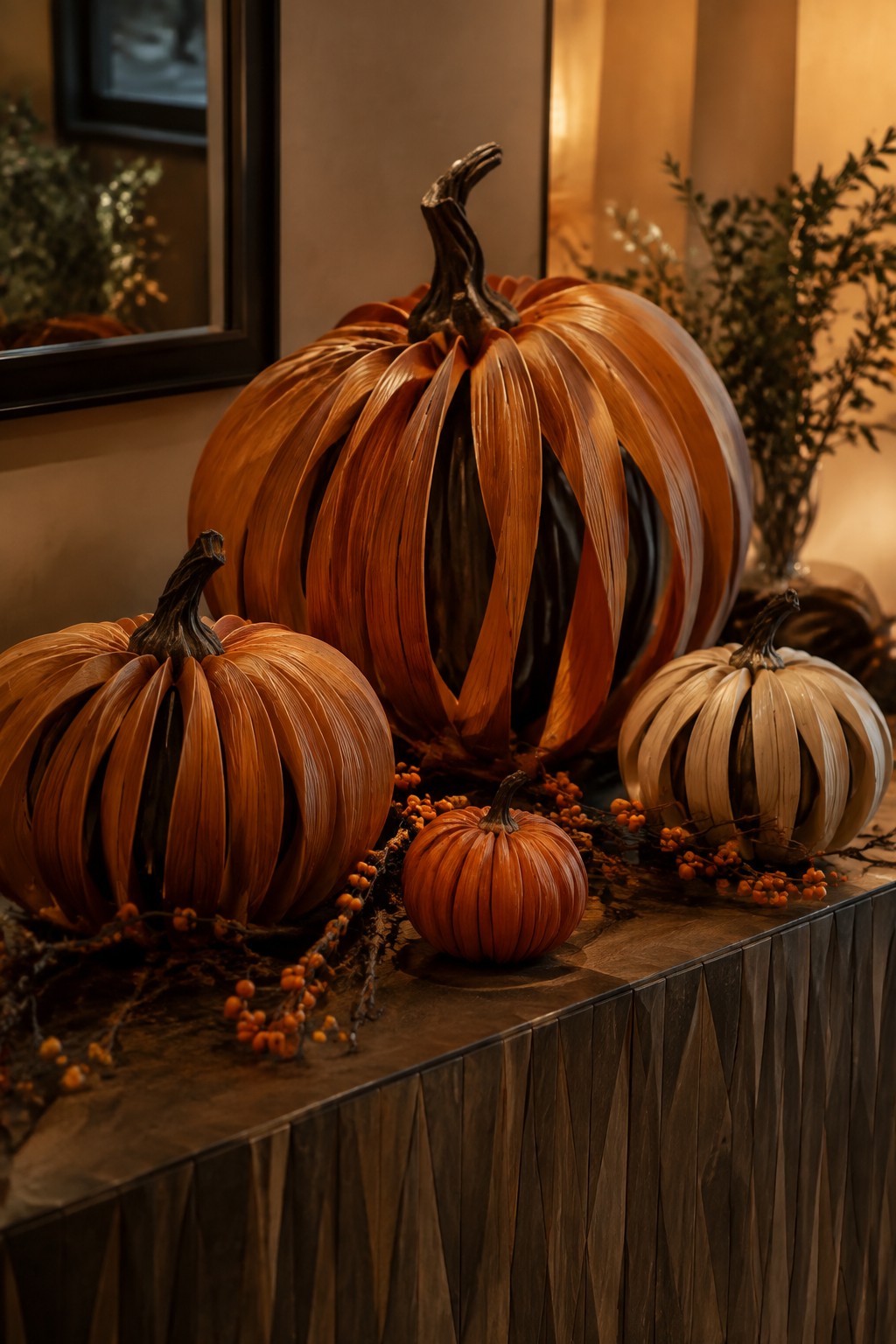 Several pumpkins carved with vertical slits displayed on a dark wooden console table with berry garland accents.