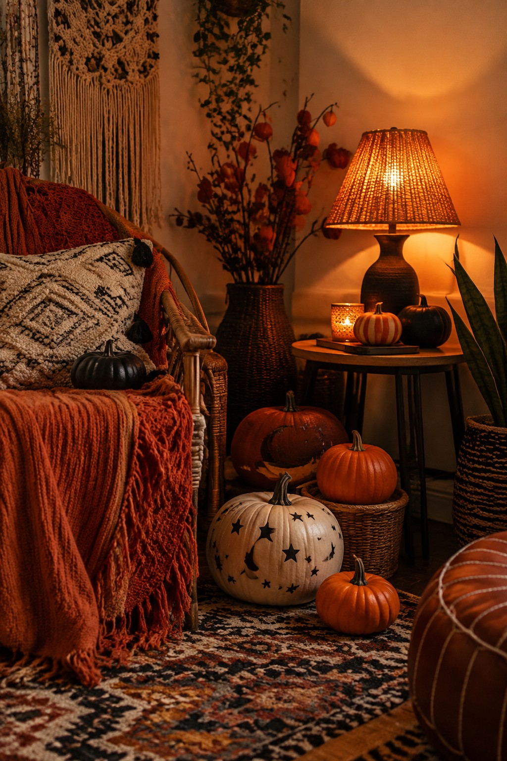 Living room corner with a white pumpkin carved with stars and a crescent moon, surrounded by orange and black pumpkins on a patterned rug.
