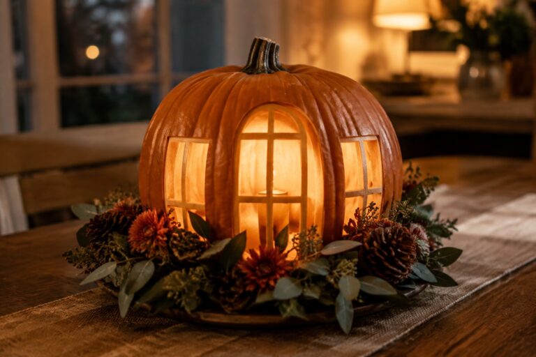 Carved glowing pumpkin with house design in bowl of autumn pumpkins and pinecones