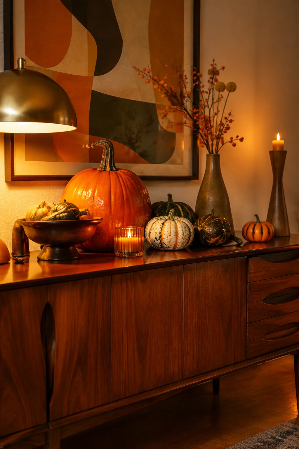 Autumn pumpkins and gourds on mid-century wooden sideboard with glowing candles and vase