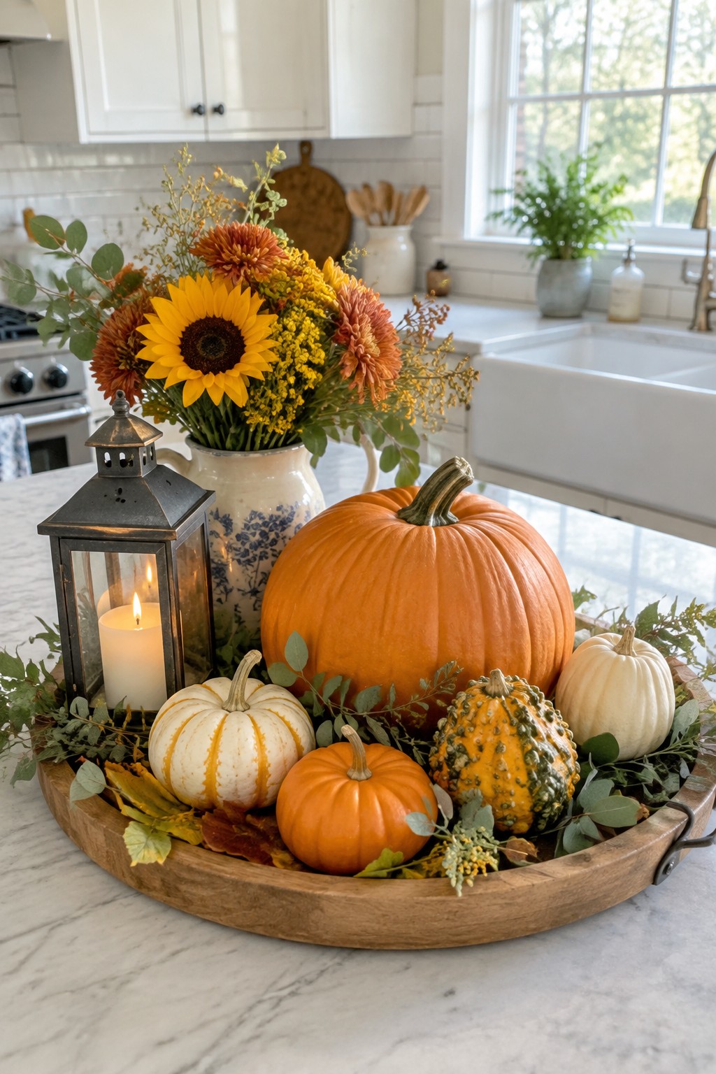 Kitchen island with a round wooden tray holding assorted pumpkins, a lit lantern, and a vase of fall flowers.