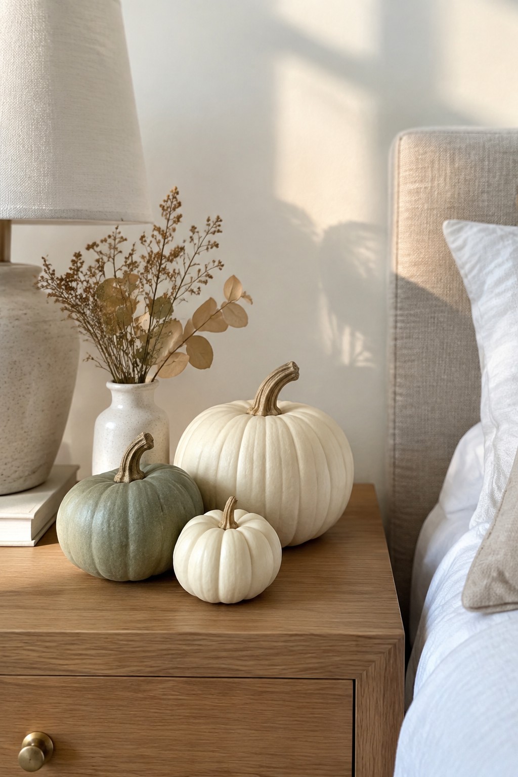 Wooden nightstand with white and sage green pumpkins, dried flower vase, beside bed