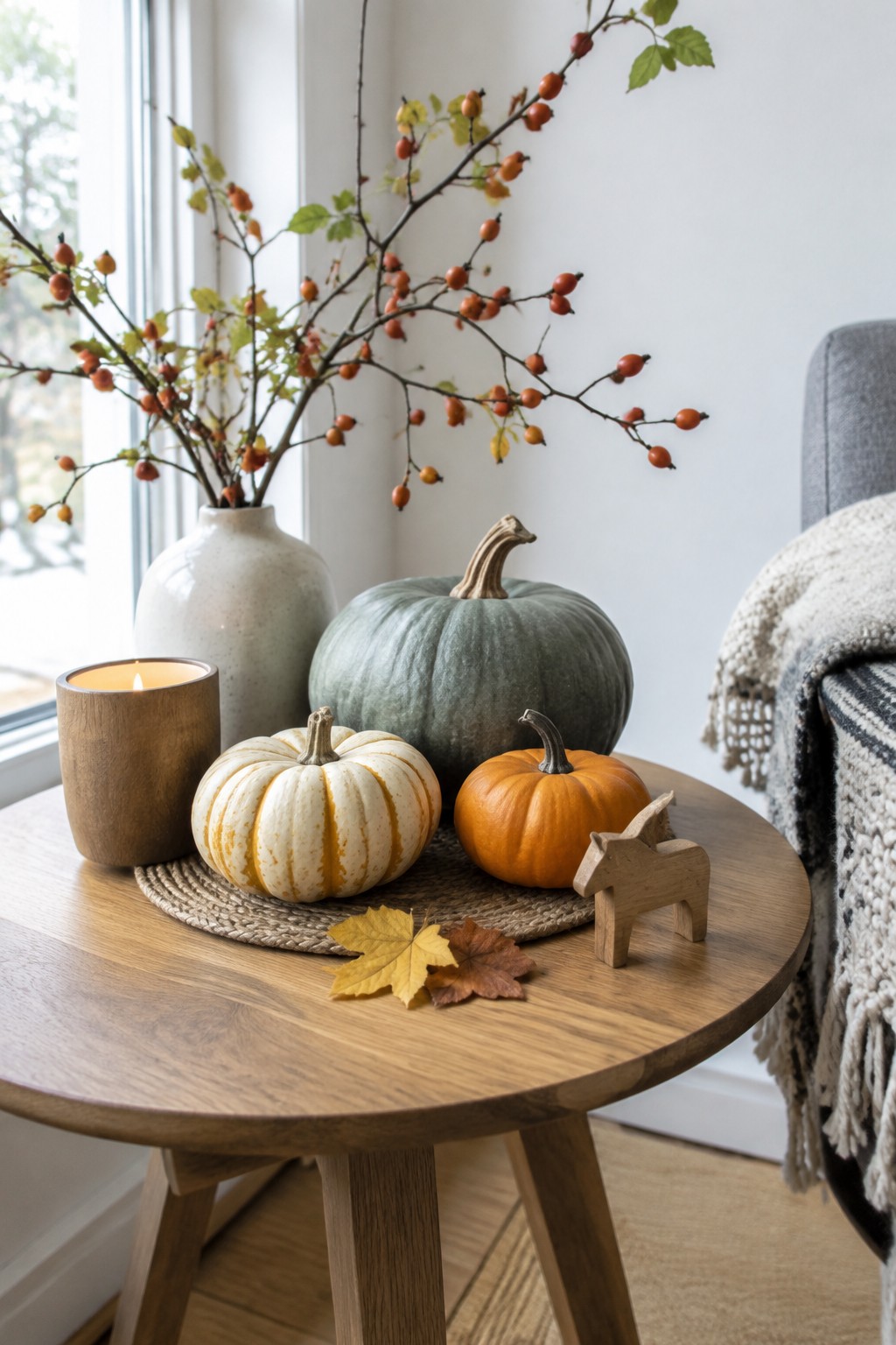 Round wooden table with white, orange, and green pumpkins arranged on a woven mat beside a lit candle.