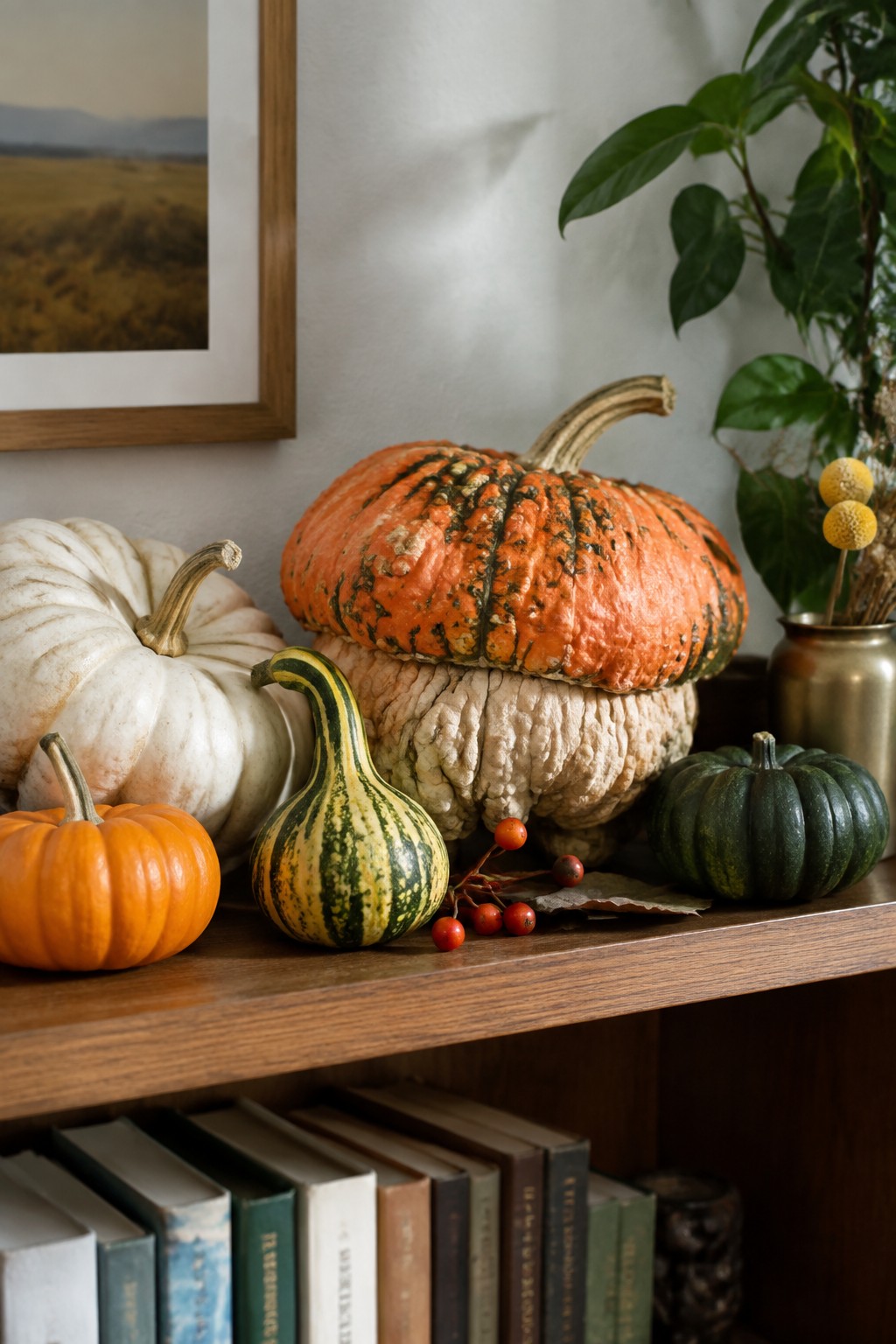 Assorted pumpkins and gourds on wooden shelf above stacked books