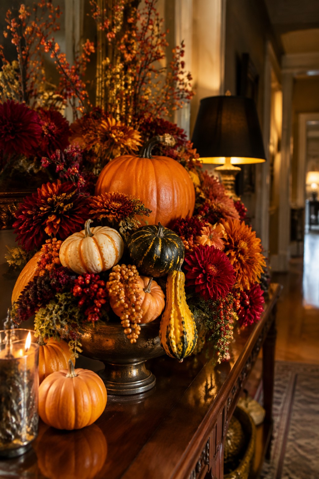 Wooden console table holding a large metal urn filled with orange pumpkins, white pumpkins, striped gourds, and autumn flowers.