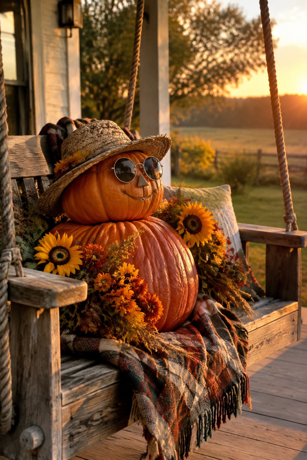 Stacked pumpkins with sunglasses and straw hat amid flowers on wooden porch swing