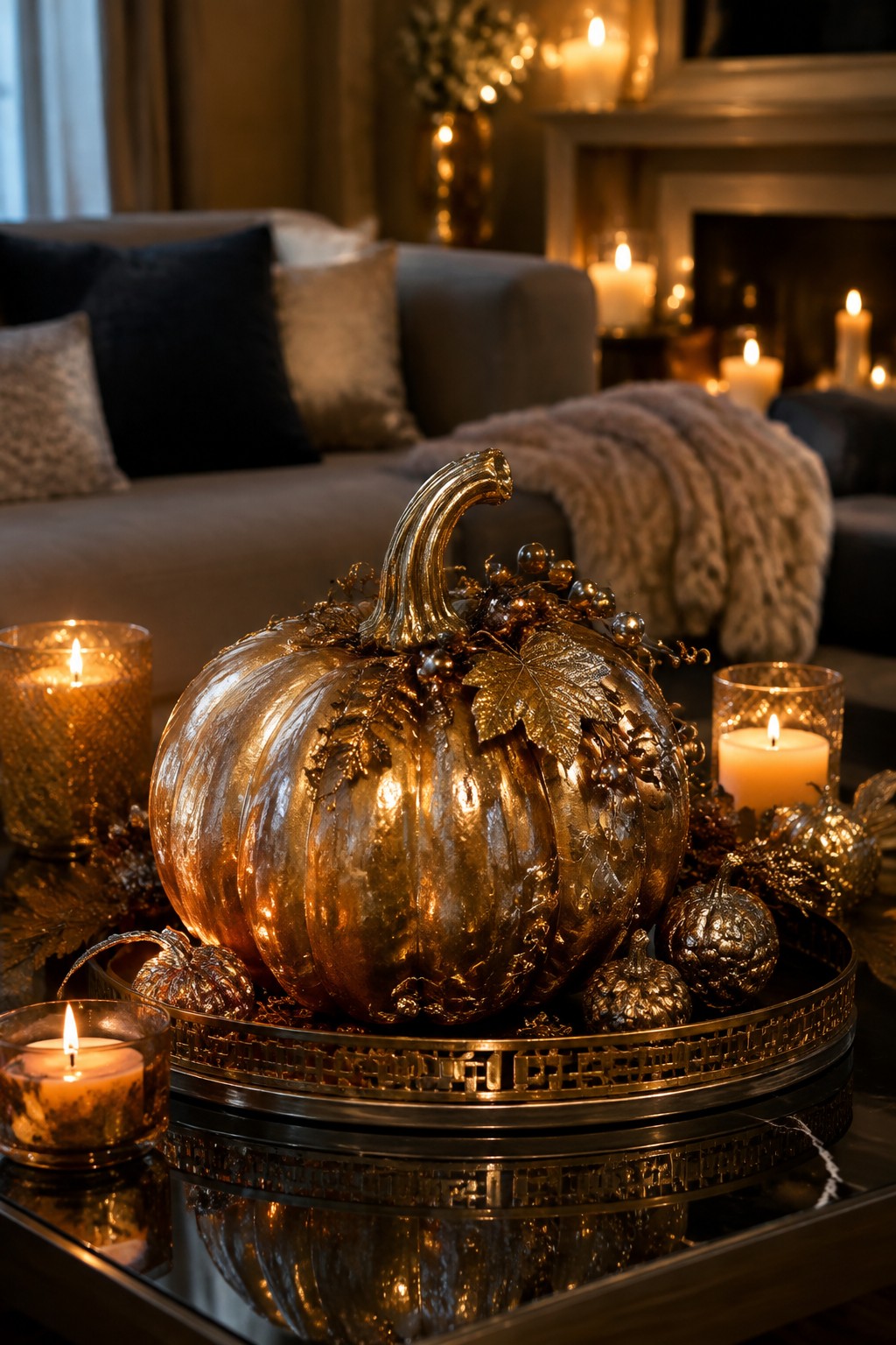 Large metallic gold pumpkin centerpiece on a decorative tray surrounded by smaller pumpkins and lit candles in a living room setting.