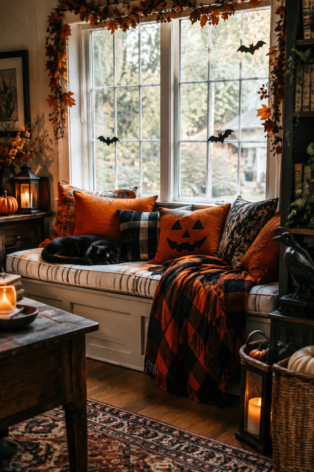 Window seat with orange pillows, a jack-o'-lantern pillow, black bat cutouts on the glass, and fall garland around the frame.