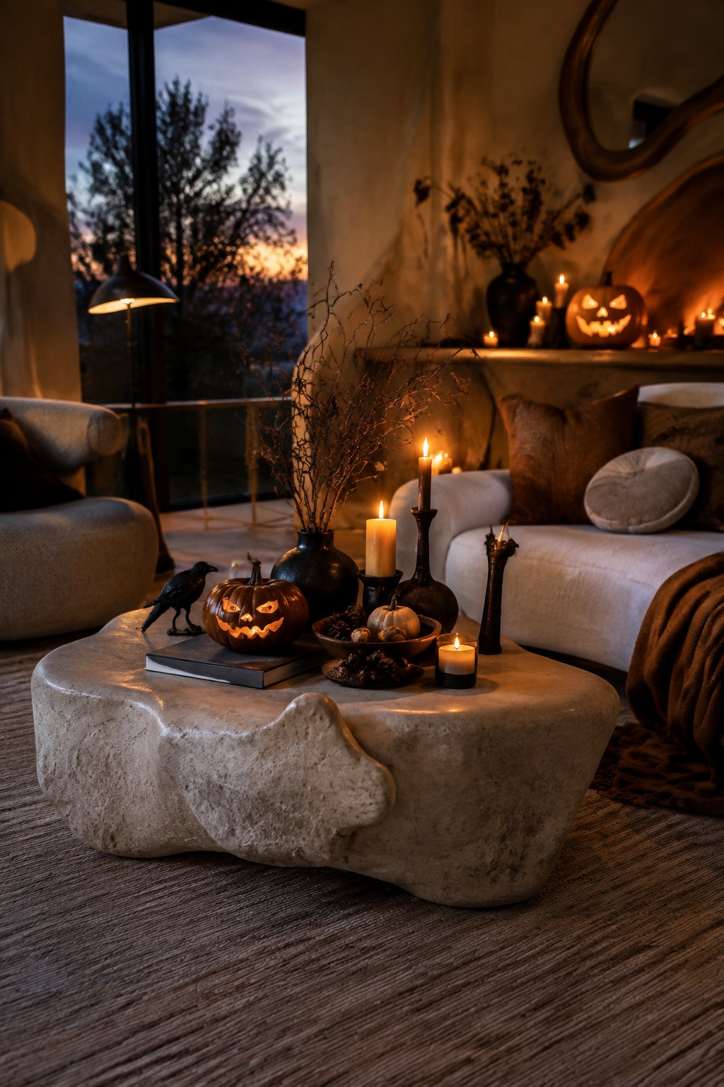 Cozy living room with stone coffee table, lit jack-o'-lanterns, candles, and autumn decor at dusk.