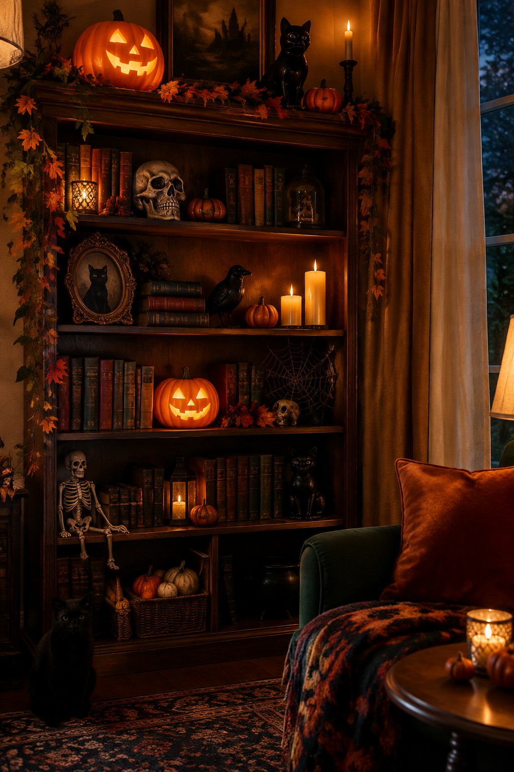 A living room bookshelf decorated with glowing jack o lanterns, a skeleton, skulls, black cats, candles, and spiderwebs for Halloween.
