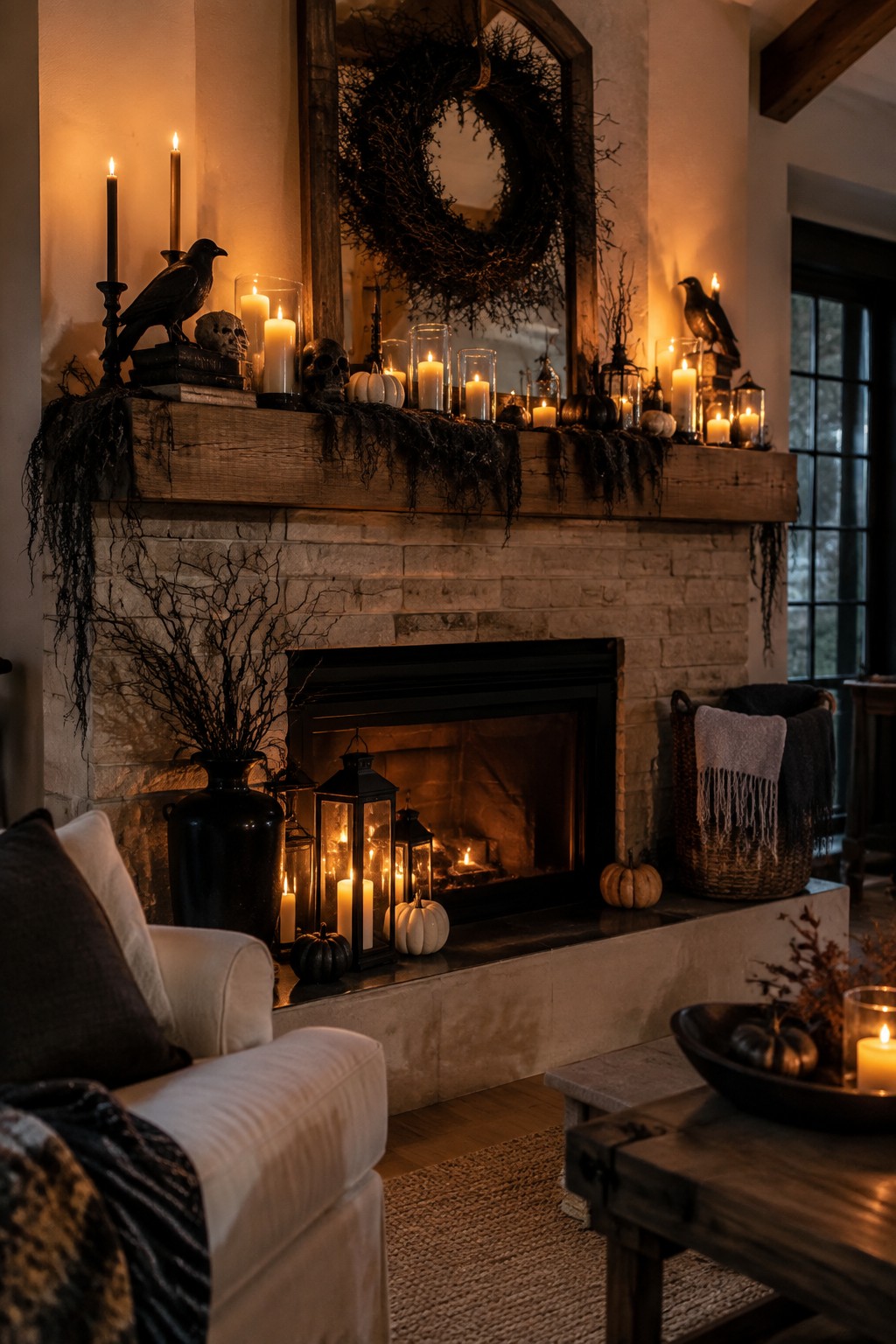 Stone fireplace mantel adorned with glowing candles, black crows, skulls, and pumpkins