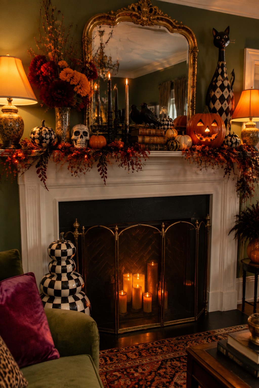 White fireplace mantel decorated with a carved jack o lantern, skull, black candles, books, and autumn garland for Halloween.