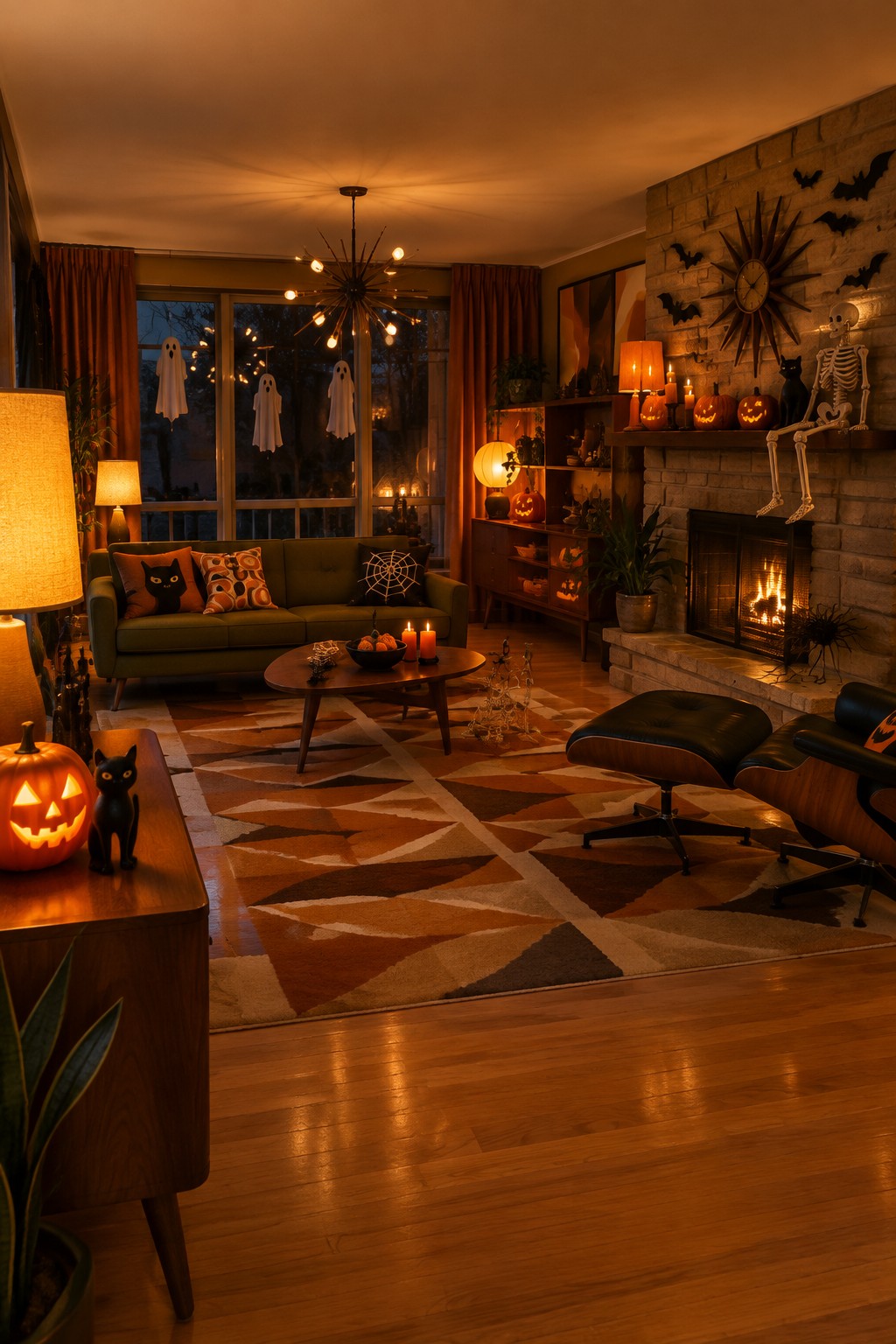 Living room mantel decorated with a white skeleton, black bats on the brick wall, glowing jack o lanterns, and candles.