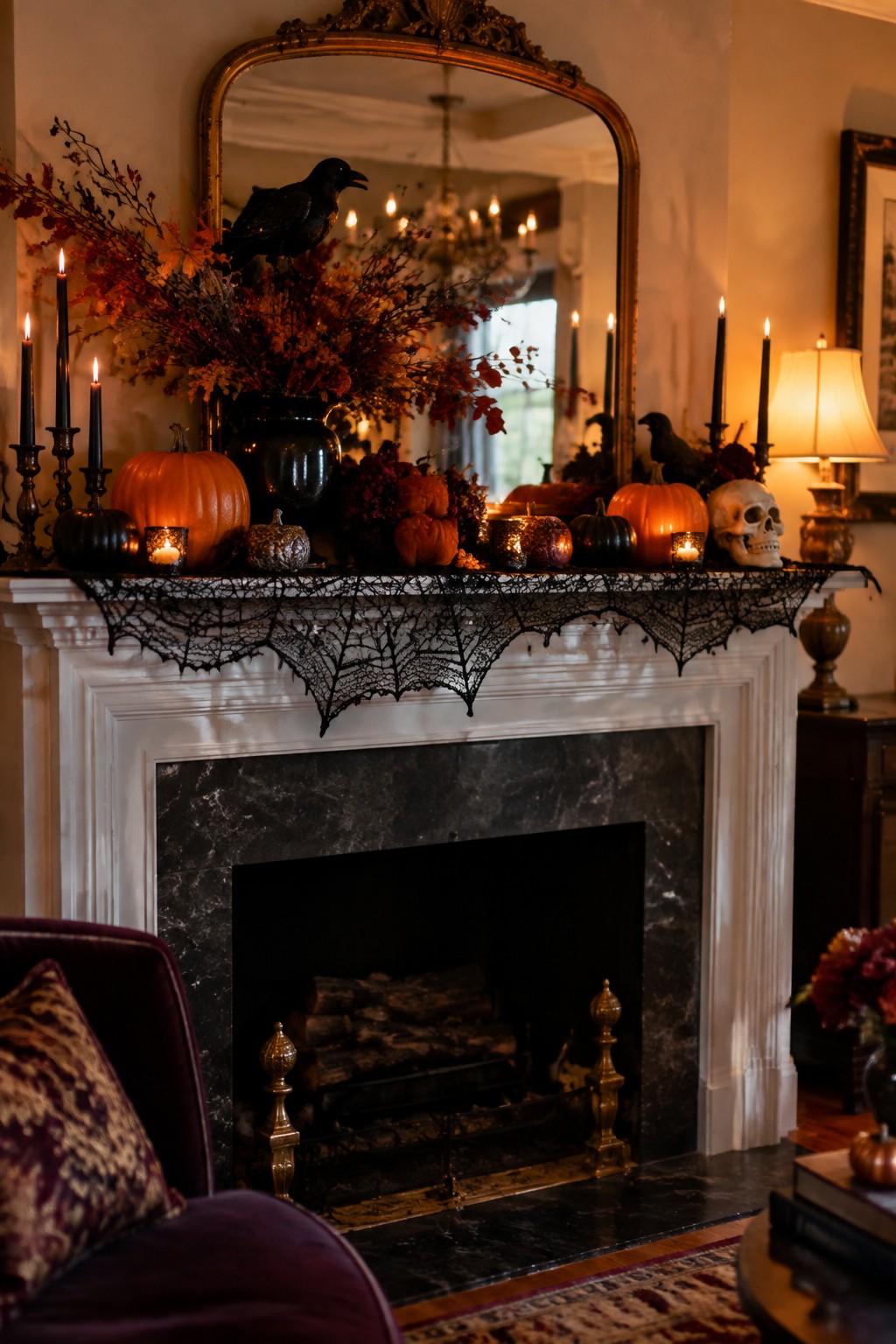 White marble fireplace mantel with pumpkins, candles, black crow, skull, and spiderweb lace.