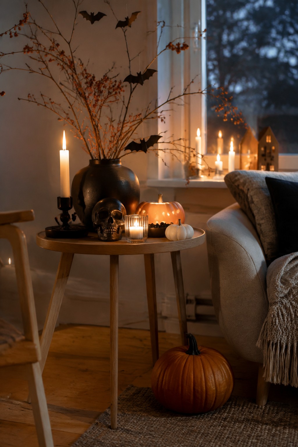 Round wooden table with skull, lit candles, pumpkins, black vase, and paper bats