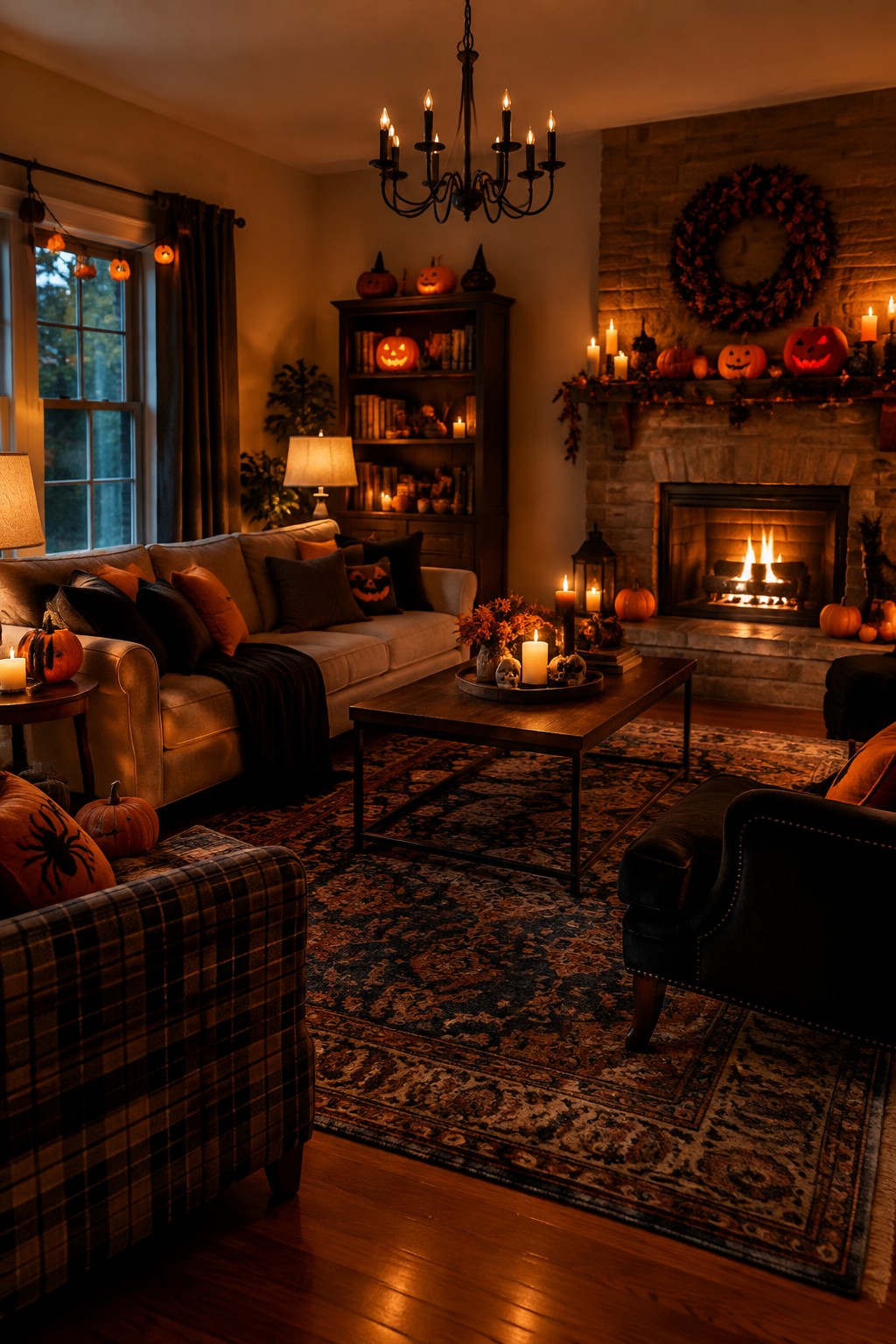 Living room fireplace mantel decorated with multiple jack o lanterns, candles, and an autumn wreath above a lit fire.