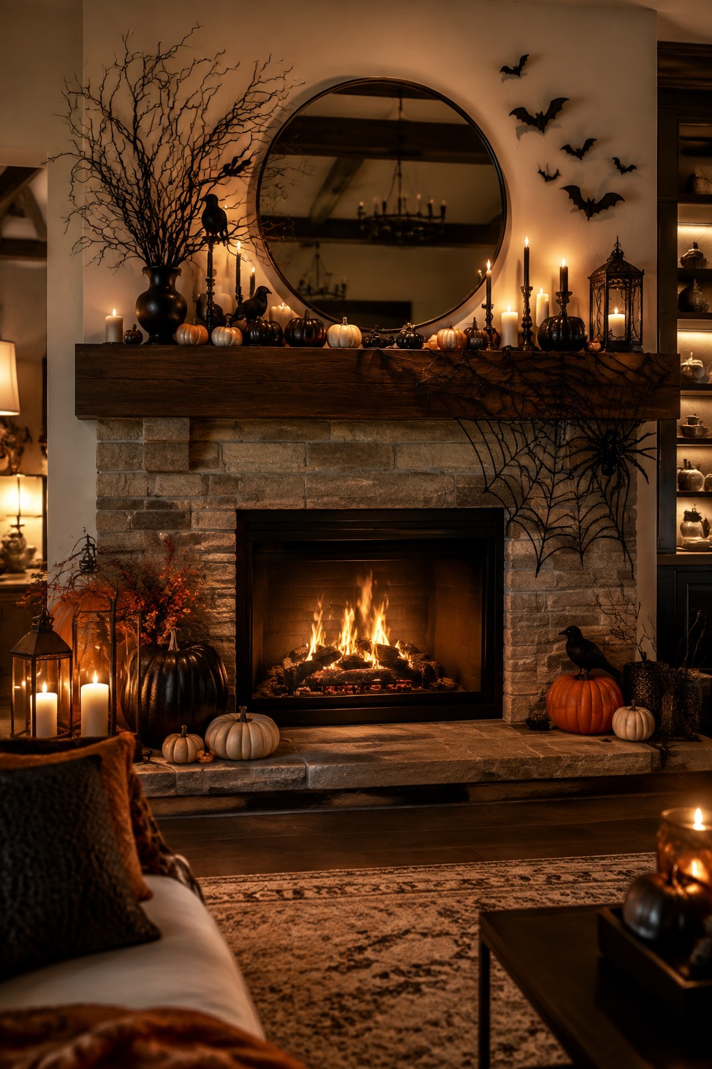Cozy stone fireplace with burning logs, pumpkins, candles, spiderwebs, and bats on mantel