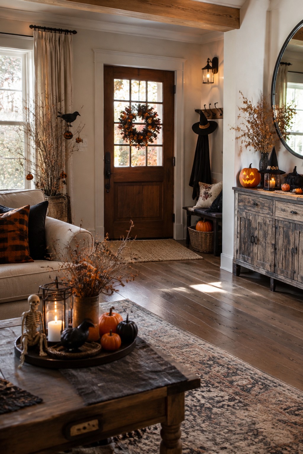Rustic entryway with Halloween pumpkins, wreaths, skeleton, witch hats, and cozy decor.