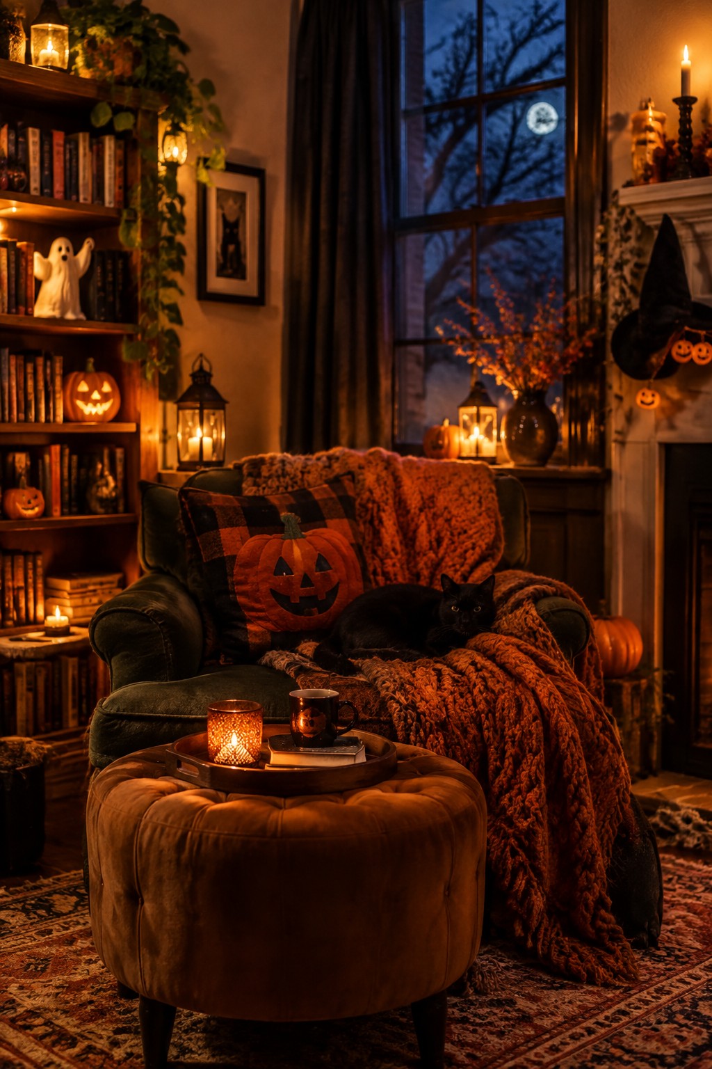 Black cat on pumpkin pillow in cozy candlelit Halloween living room at night