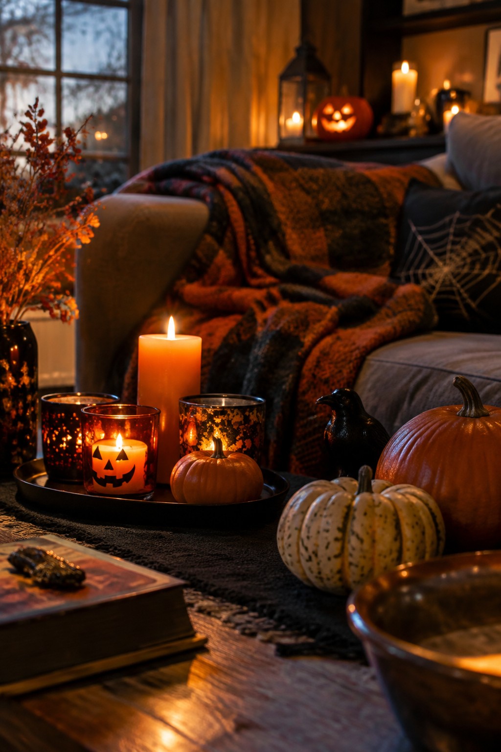 Coffee table tray with lit jack-o'-lantern votive candles, small pumpkins, and a black crow figurine in a living room with a plaid blanket on the couch.