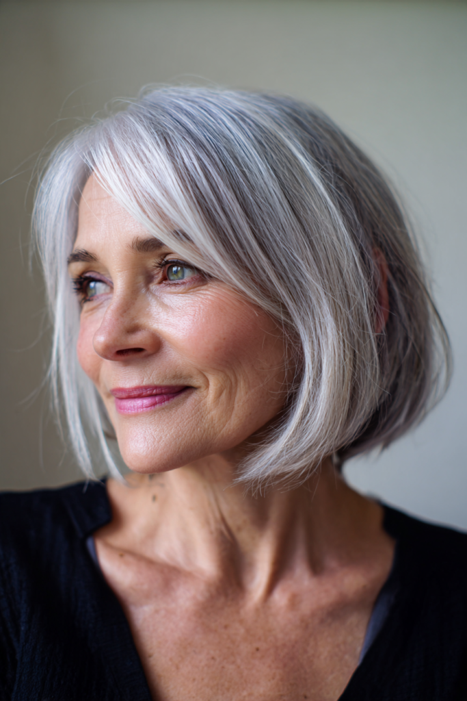 Smiling woman with a sleek chin length silver bob featuring long side swept bangs and a glossy finish.