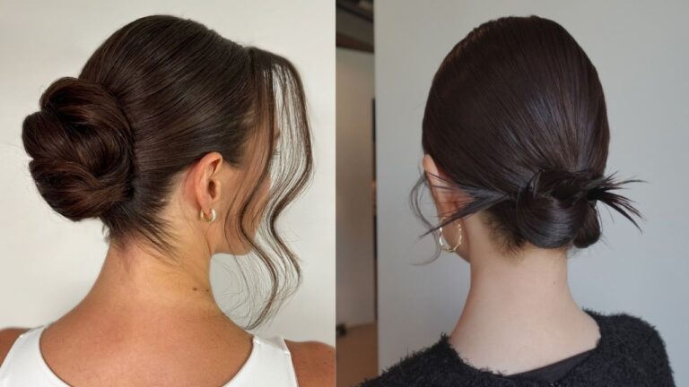 19 Quick Slick-Back Hairstyles for Women With Greasy Hair Side-by-side comparison showing a polished, low dark brown woven bun with wavy face-framing strands on the left and a sleek, slicked-back black low bun with spiky ends and soft side tendrils on the right.