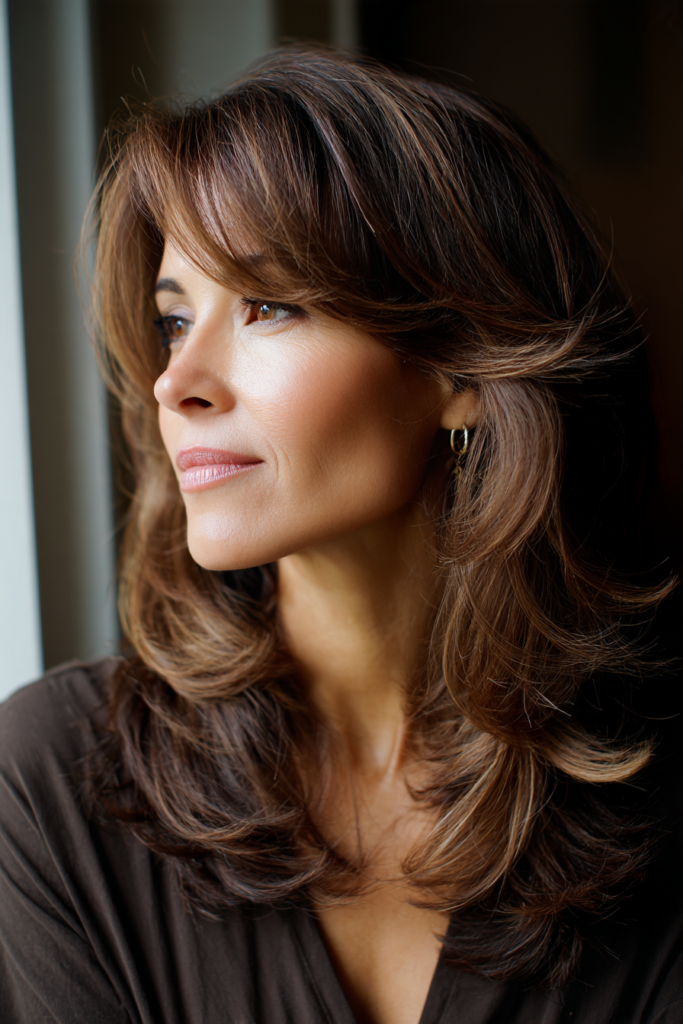 A woman with medium length brunette hair featuring caramel highlights and soft feathered face framing layers.