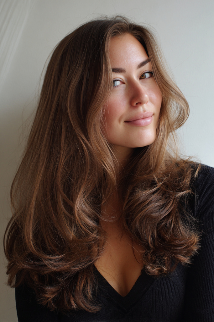  A woman with long light brown hair featuring natural highlights and soft, flipped face framing layers.