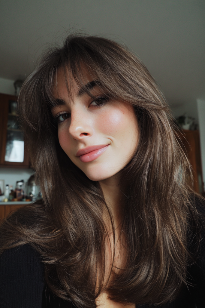 A woman with long brunette hair featuring wispy curtain bangs and shaggy textured layers.