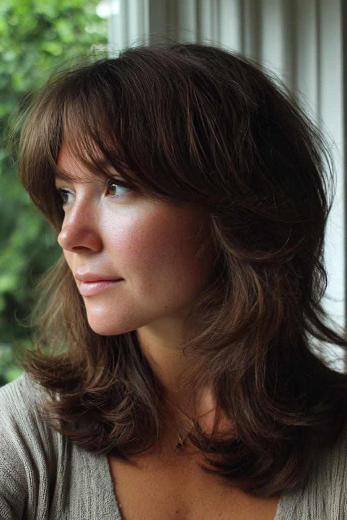 A woman with shoulder length brunette hair featuring a shaggy cut with wispy bangs and textured layers.