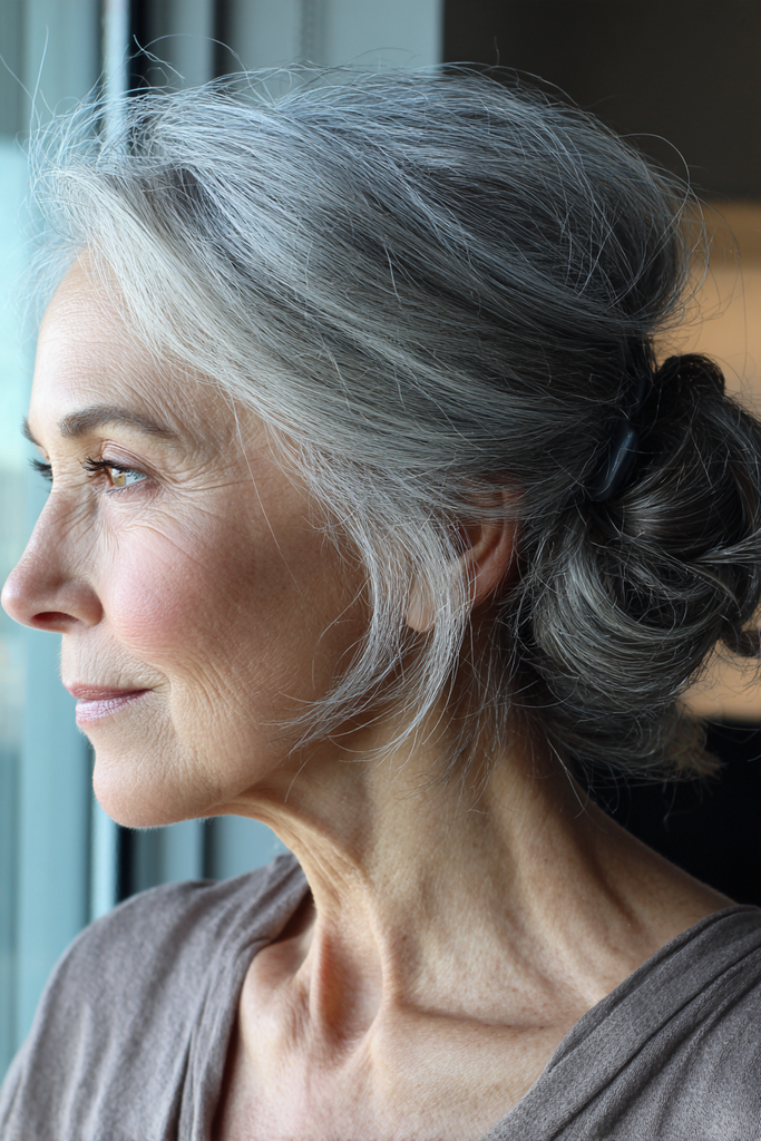 Side view of a woman with silver and charcoal gray hair styled in a loose low bun with a small dark clip and soft wispy strands around the face and ear.
